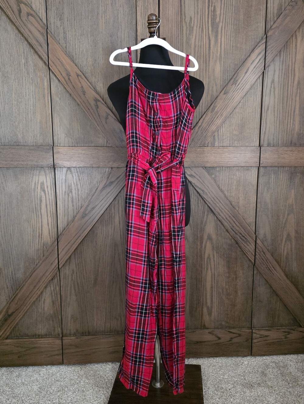 Mini Boden Red Black Plaid Tie-Waist Jumpsuit